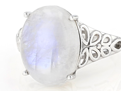 16x12mm Oval Cabochon Rainbow Moonstone Rhodium Over Sterling Silver Solitaire Ring - Size 8