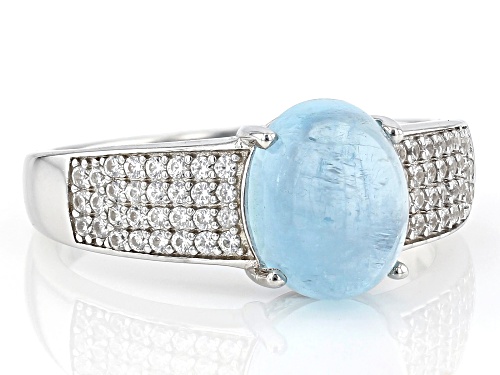 9x7 Oval Cabochon Dreamy Aquamarine With 0.42ctw Zircon Rhodium Over Sterling Silver Ring - Size 8