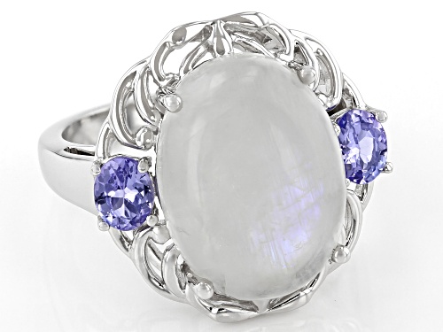 16x12mm Oval Rainbow Moonstone With 0.68ctw Oval Tanzanite Rhodium Over Sterling Silver Ring - Size 7