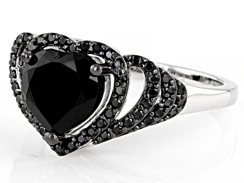 2.55ct Heart shape And 0.39ctw Round Black Spinel Rhodium Over Sterling Silver Heart Ring - Size 7