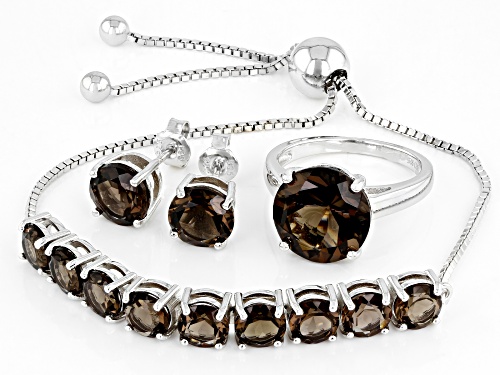 13.42ctw Round Smoky Quartz Rhodium Over Sterling Silver Ring, Earring And Bolo Bracelet Set