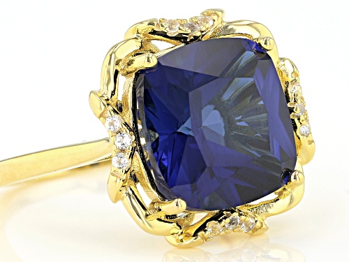 8.50ct Square Cushion Lab Blue Sapphire With 0.14ctw White Topaz 18K Yellow Gold Over Silver Ring - Size 8