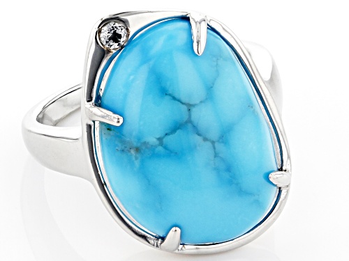 18.5x13.5mm Sleeping Beauty Turquoise & .04ctw White Topaz Rhodium Over Sterling Silver Ring - Size 7