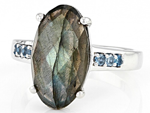 4.67ct Oval Labradorite And 0.15ctw Round London Blue Topaz Rhodium Over Sterling Silver Ring - Size 8
