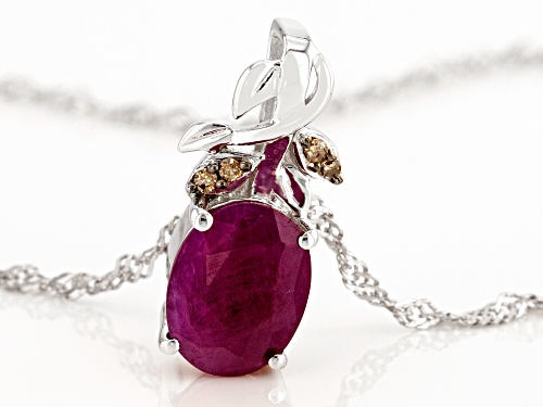 2.32ct Indian Ruby With 0.03ctw Champagne Diamond Rhodium Over Sterling Silver Pendant With Chain