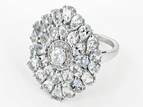 3.20ctw Pear Shapes & 1.34ctw Oval Aquamarine With 0.09ctw White Zircon Rhodium Over Silver Ring - Size 8