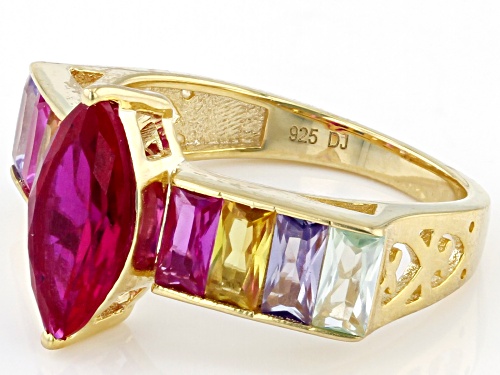 2.06ct Lab Created Ruby With 2.28ctw Lab Created Multi-Sapphire 18K Yellow Gold Over Silver Ring - Size 8