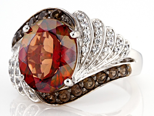 3.75ct Red Labradorite With 0.65ctw Smoky Quartz & White Zircon Rhodium Over Sterling Silver Ring - Size 9