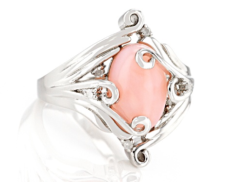 12x8mm Oval Cabochon Pink Opal And 0.05ctw White Diamond Accent Rhodium Over Silver Ring - Size 9