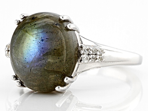 12x10mm Oval Labradorite With 0.08ctw Round White Zircon Rhodium Over Sterling Silver Ring - Size 8