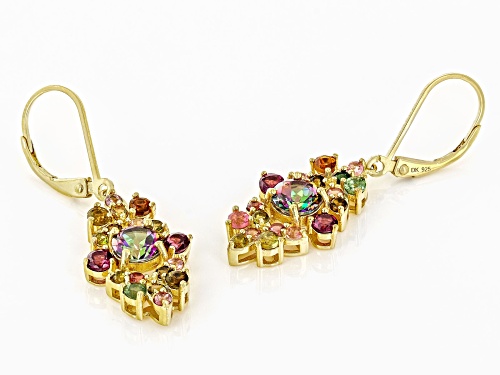 1.68ctw Mystic Fire® Topaz With 1.89ctw Rhodolite & Tourmaline 18k Yellow Gold Over Silver Earrings