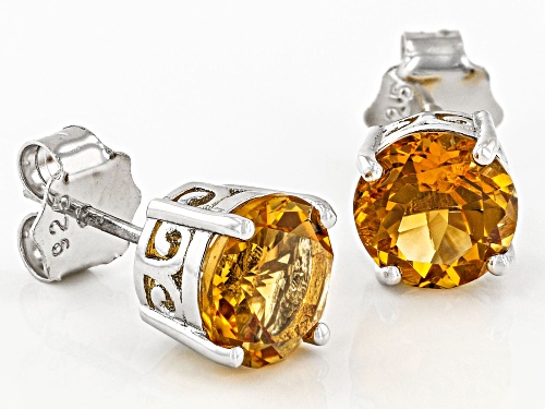 3.07ctw Round Brazilian Citrine Rhodium Over Sterling Silver Stud Earrings