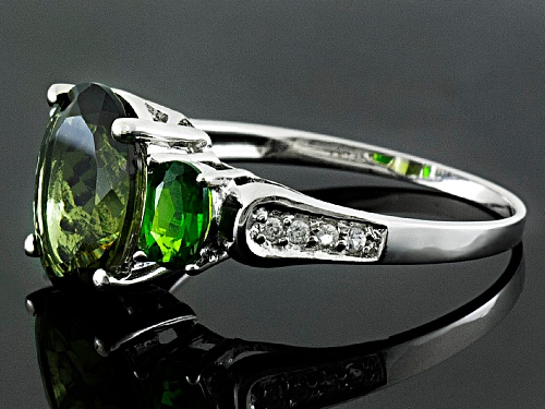 1.49ct Moldavite, .43ctw Chrome Diopside & .01ctw White Zircon Rhodium Over Sterling Silver Ring - Size 8