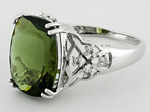 4.04ct Rectangular Cushion Moldavite And .09ctw Round White Zircon Rhodium Over Sterling Silver Ring - Size 9