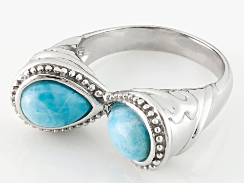 8x6mm Pear Shape Larimar Sterling Silver 2-Stone Ring - Size 6