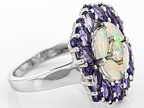 1.13ctw Round And Marquise Ethiopian Opal With 2.31ctw Iolite Sterling Silver Ring - Size 7