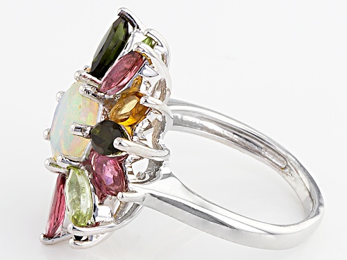 .63ct Round Ethiopian Opal With 2.72ctw Marquise Green, Yellow And Pink Tourmaline Silver Ring - Size 8