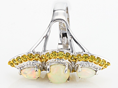1.50ctw Pear Shape And Round Cabochon Ethiopian Opal With  1.36ctw Yellow Sapphire Silver Ring - Size 6