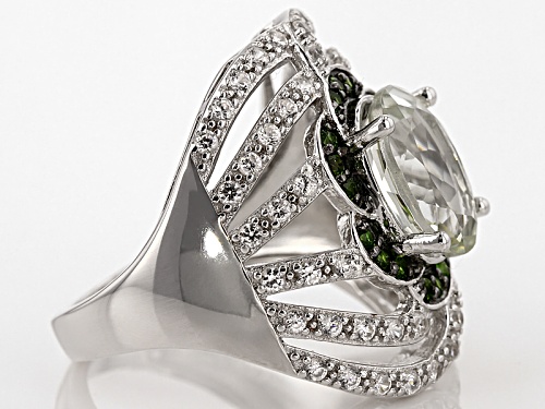 2.90ct Green Prasiolite,.29ctw Russian Chrome Diopside With .95ct White Zircon Sterling Silver Ring - Size 8
