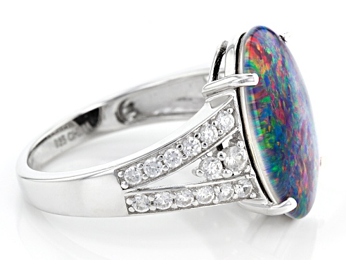 16x12mm Oval Coober Pedy Opal Triplet With .62ctw Round White Zircon Sterling Silver Ring - Size 4