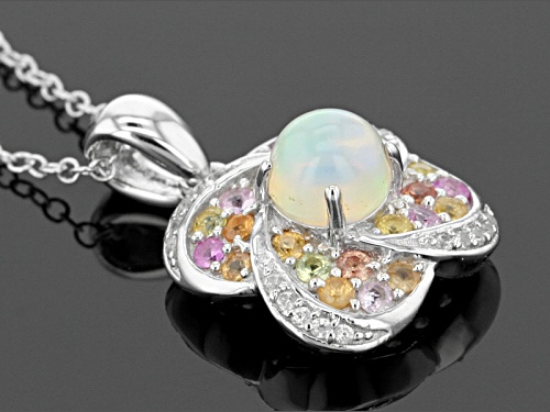 .42ct Round Ethiopian Opal, .21ctw White Zircon, .71ctw Multi-Sapphire Silver Pendant With Chain