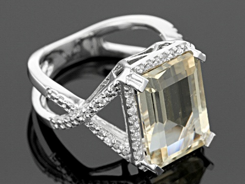 5.31ct Emerald Cut Yellow Labradorite And .24ctw Round White Zircon Sterling Silver Ring - Size 12
