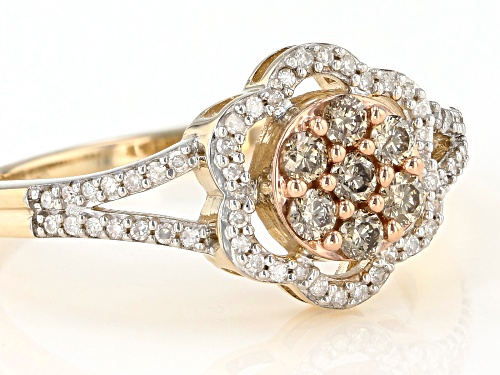0.45ctw Round Champagne And White Diamond 10k Yellow Gold Cluster Flower Ring - Size 8