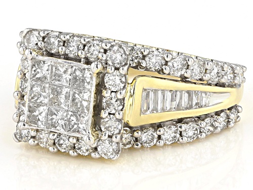 2.00ctw Round, Princess Cut And Baguette White Diamond 10k Yellow Gold Quad Ring - Size 7
