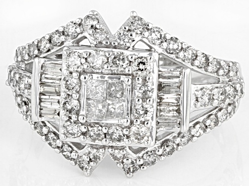 1.25ctw Round, Baguette, And Princess Cut White Diamond 10K White Gold Ring - Size 5.5