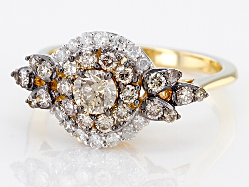 1.00ctw Round Champagne And White Diamond 10K Yellow Gold Cluster Ring - Size 7