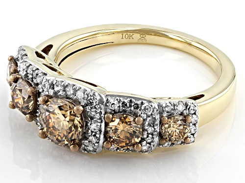 1.50ctw Round Champagne And White Diamond 10k Yellow Gold 5-Stone Halo Ring - Size 6