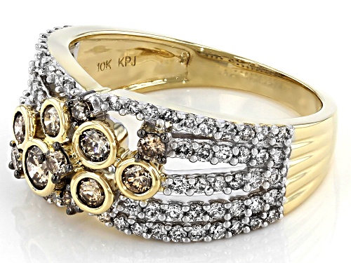 1.00ctw Round Champagne And White Diamond 10K Yellow Gold Wide Band Ring - Size 6