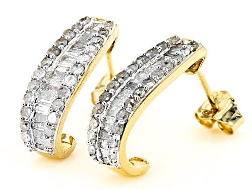 1.00ctw Round And Baguette White Diamond 10K Yellow Gold J-Hoop Earrings