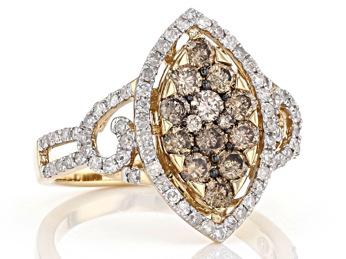 1.45ctw Round Champagne And White Diamond 10K Yellow Gold Cluster Ring - Size 8