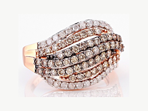 1.40ctw Round Champagne And White Diamond 10k Rose Gold Multi-Row Ring - Size 6