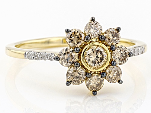 0.75ctw Round Champagne And White Diamond 10k Yellow Gold Cluster Floral Ring - Size 8