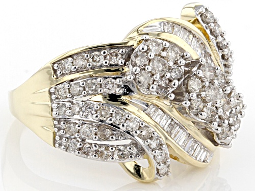 1.50ctw Round And Baguette White Diamond 10k Yellow Gold Bypass Cluster Ring - Size 6