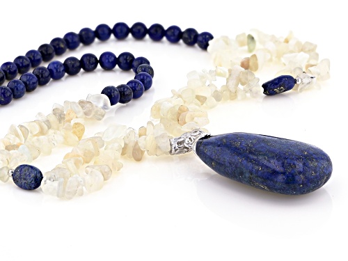 Lapis Lazuli Round & Oval Bead W/Pear Shape Drop & Free-Form Moonstone Chip Sterling Silver Necklace - Size 20