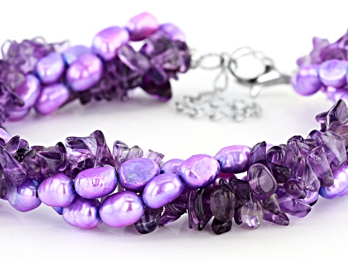 Free-Form Amethyst Chips & Purple Cultured Freshwater Pearl Silver 4-Strand Torsade Bracelet