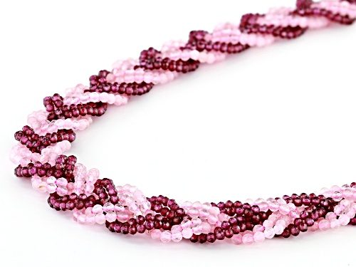 2-3mm Rose Quartz and Raspberry Color Rhodolite Braided Bead Strands, Sterling Silver Necklace - Size 19