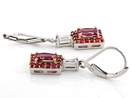 1.45ctw Emerald Cut Pink Zircon With .82ctw Pink Spinel & .36ctw Zircon Rhodium Over Silver Earrings