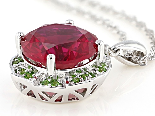 6.80ct Round Lab Created Ruby With .19ctw Chrome Diopside Rhodium Over Silver Pendant W/ Chain