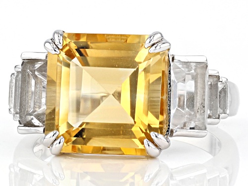 3.40ct Square Octagonal Citrine & 1.89ctw Baguette White Topaz Rhodium Over Silver Ring - Size 7