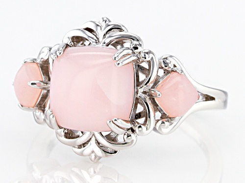 4mm & 9mm Square Cushion Pink Opal Rhodium Over Sterling Silver 3-Stone Ring - Size 7