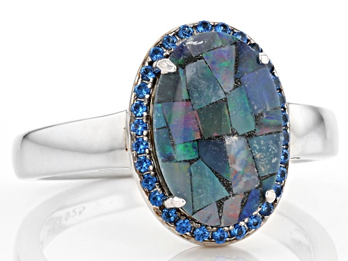 12x8mm Australian Mosaic Opal Triplet with .18ctw Lab Spinel Rhodium Over Sterling Silver Ring - Size 8