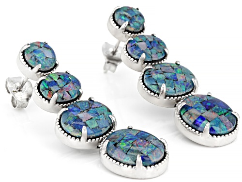 Oval and Round Australian Mosaic Opal Triplet Rhodium Over Sterling Silver Dangle Earrings