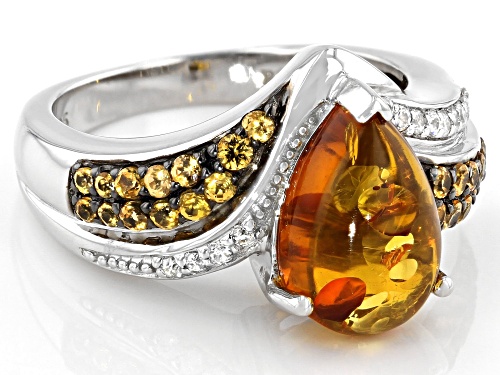 12x8mm Pear Shape Amber with .28ctw Spessartite & .09ctw White Zircon Rhodium Over Silver Ring - Size 7
