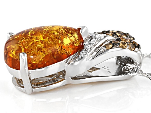 12x10mm Pear Shape Amber, .09ctw Spessartite & .04ctw Zircon Rhodium Over Silver Slide With Chain
