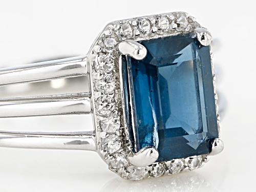 1.53ct Emerald Cut Teal Chromium Kyanite With .32ctw Zircon Rhodium Over Sterling Silver Halo Ring - Size 7