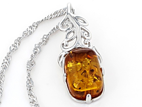 12X8MM CUSHION CABOCHON AMBER RHODIUM OVER STERLING SILVER PENDANT WITH CHAIN